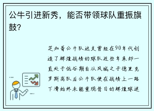 公牛引进新秀，能否带领球队重振旗鼓？