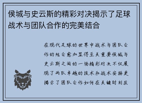 侯城与史云斯的精彩对决揭示了足球战术与团队合作的完美结合
