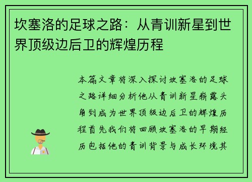 坎塞洛的足球之路：从青训新星到世界顶级边后卫的辉煌历程