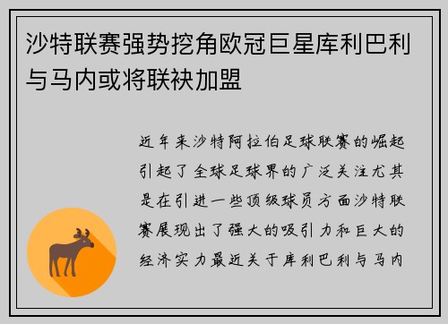 沙特联赛强势挖角欧冠巨星库利巴利与马内或将联袂加盟