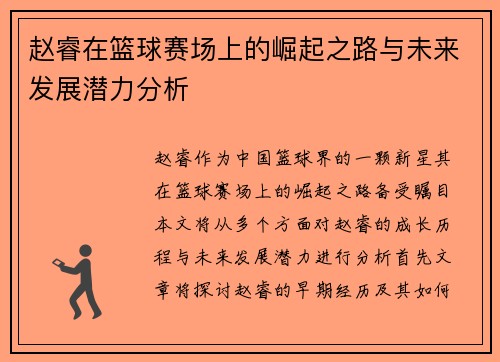 赵睿在篮球赛场上的崛起之路与未来发展潜力分析