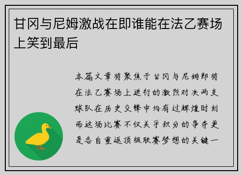 甘冈与尼姆激战在即谁能在法乙赛场上笑到最后