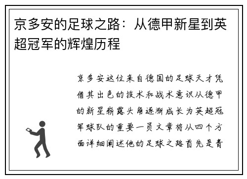 京多安的足球之路：从德甲新星到英超冠军的辉煌历程