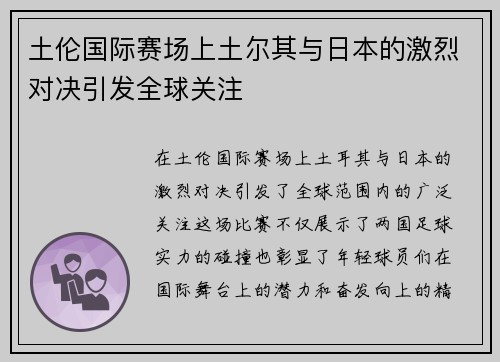 土伦国际赛场上土尔其与日本的激烈对决引发全球关注