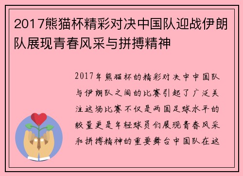 2017熊猫杯精彩对决中国队迎战伊朗队展现青春风采与拼搏精神