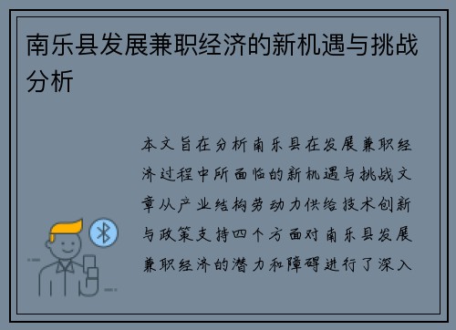 南乐县发展兼职经济的新机遇与挑战分析