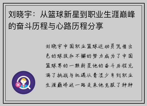 刘晓宇：从篮球新星到职业生涯巅峰的奋斗历程与心路历程分享