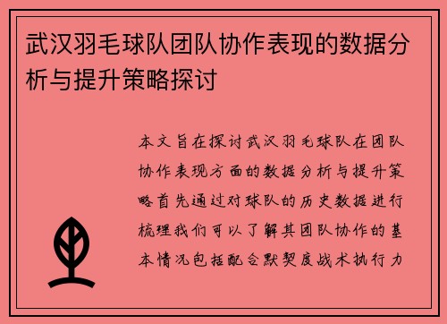 武汉羽毛球队团队协作表现的数据分析与提升策略探讨