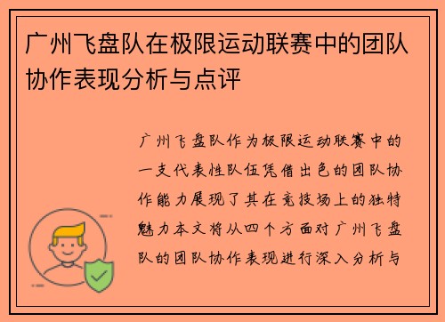 广州飞盘队在极限运动联赛中的团队协作表现分析与点评
