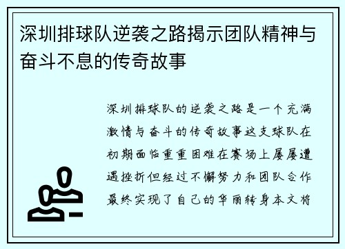 深圳排球队逆袭之路揭示团队精神与奋斗不息的传奇故事