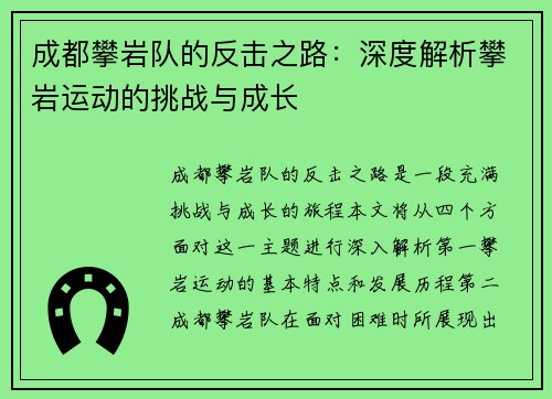 成都攀岩队的反击之路：深度解析攀岩运动的挑战与成长