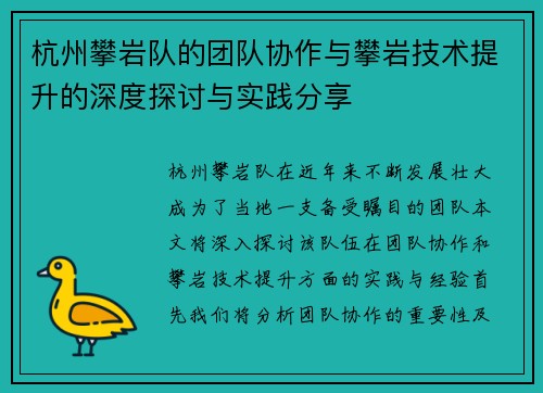 杭州攀岩队的团队协作与攀岩技术提升的深度探讨与实践分享