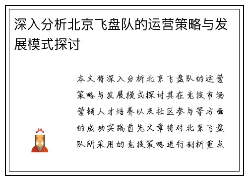 深入分析北京飞盘队的运营策略与发展模式探讨
