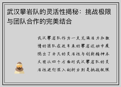 武汉攀岩队的灵活性揭秘：挑战极限与团队合作的完美结合