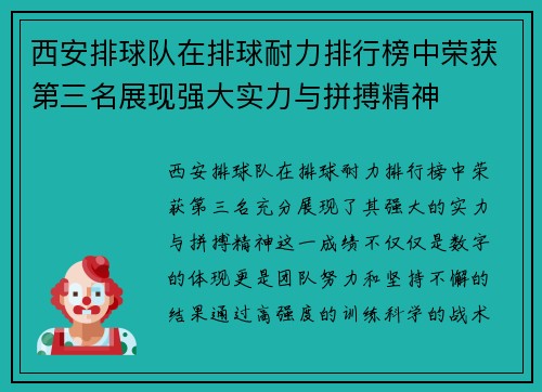 西安排球队在排球耐力排行榜中荣获第三名展现强大实力与拼搏精神