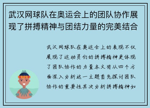 武汉网球队在奥运会上的团队协作展现了拼搏精神与团结力量的完美结合